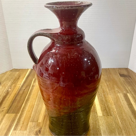 Hand Crafted Signed Pottery Pitcher Vase Red Glossy Glaze Curved Handle 11” Tall - Picture 5 of 8